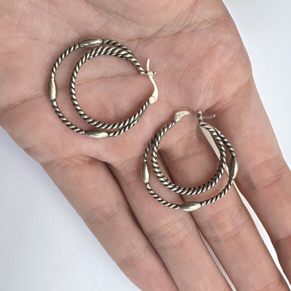 VTG Sterling Silver 925 Twist Design Triple Hoop Earrings Size 1.5" Diameter - Picture 9 of 11